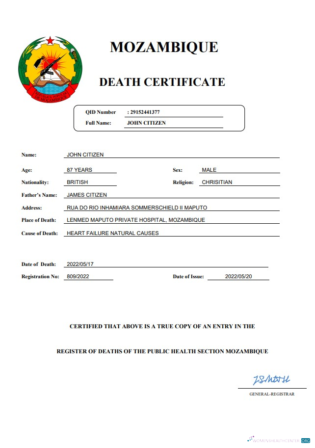Download Mozambique vital record death certificate Word and PDF template Photoshop template